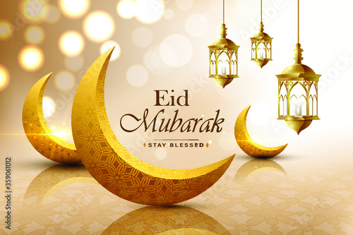 Eid mubarak, realistic 3D looking crescent moon, wish greeting poster, illustration vector