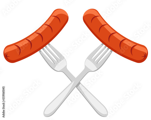 Two sausages on forks on a white background