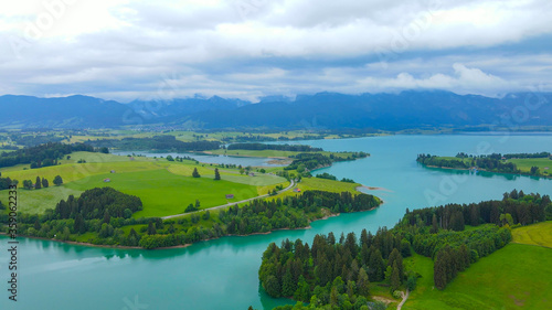Aerial view over Lake Forggensee at the city of Fuessen in Bavaria Germany