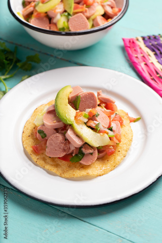Mexican sausage ceviche with avocado on turquoise background