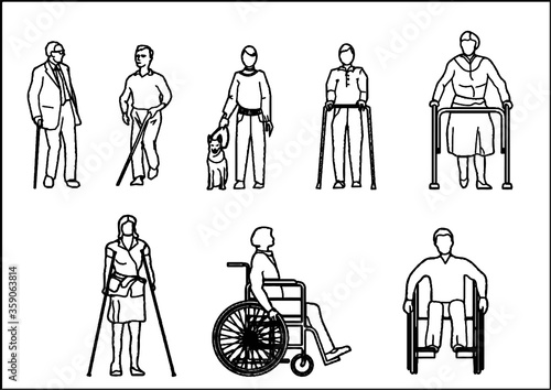 The drawing shows sick people and disabled people in a chair.
