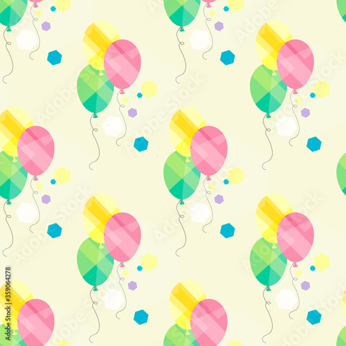 Colorful balloons on a white background. Seamless pattern with balloons and confetti on a white background. You can use it for graphic print of fabrics, textiles, wrapping paper, flyers and postcards.