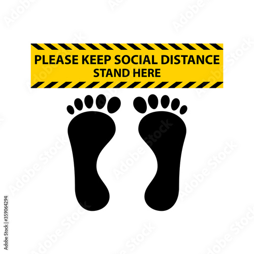 Black footprint and wording please keep social distance, stand here on the yellow-black tape sign.Social distancing concept for preventing corona virus covid-19. Vector illustration.