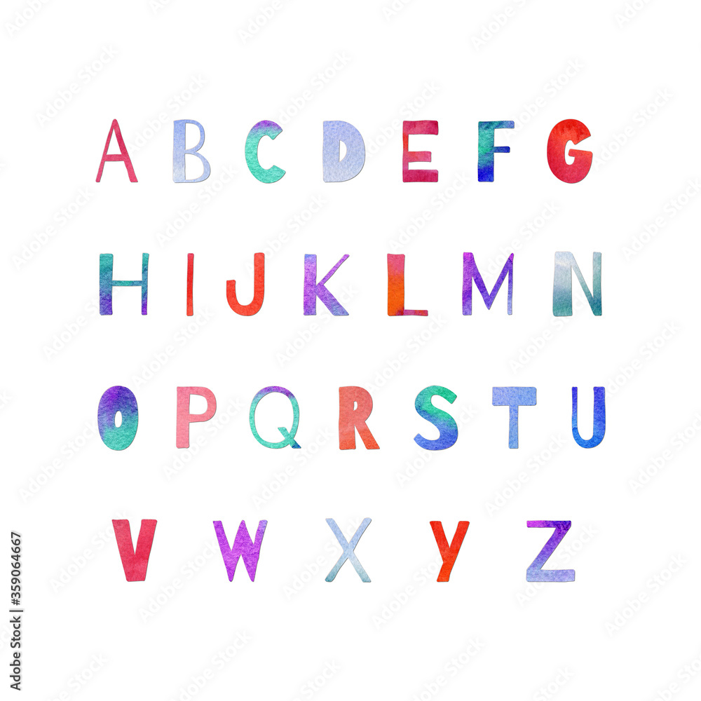 Hand painted watercolor alphabet letters in violet, blue and pink colors. Collage of paper-cut abc elements isolated on white. Artictic lettering set perfect for print, poster.