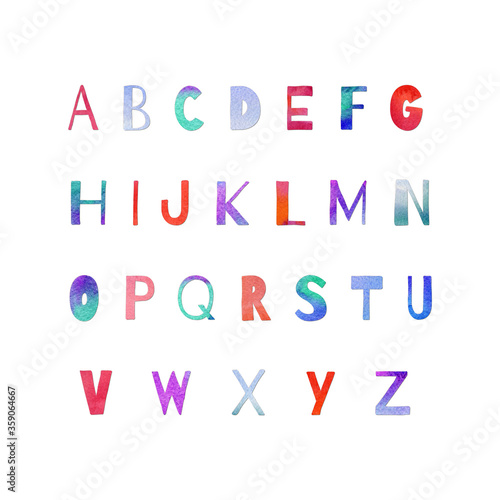 Hand painted watercolor alphabet letters in violet  blue and pink colors. Collage of paper-cut abc elements isolated on white. Artictic lettering set perfect for print  poster.