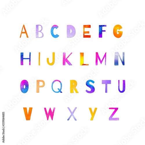 Hand painted watercolor alphabet letters in violet, blue, orange, yellow, pink colors. Collage of paper-cut abc elements isolated on white. Artictic lettering set perfect for print, poster. photo