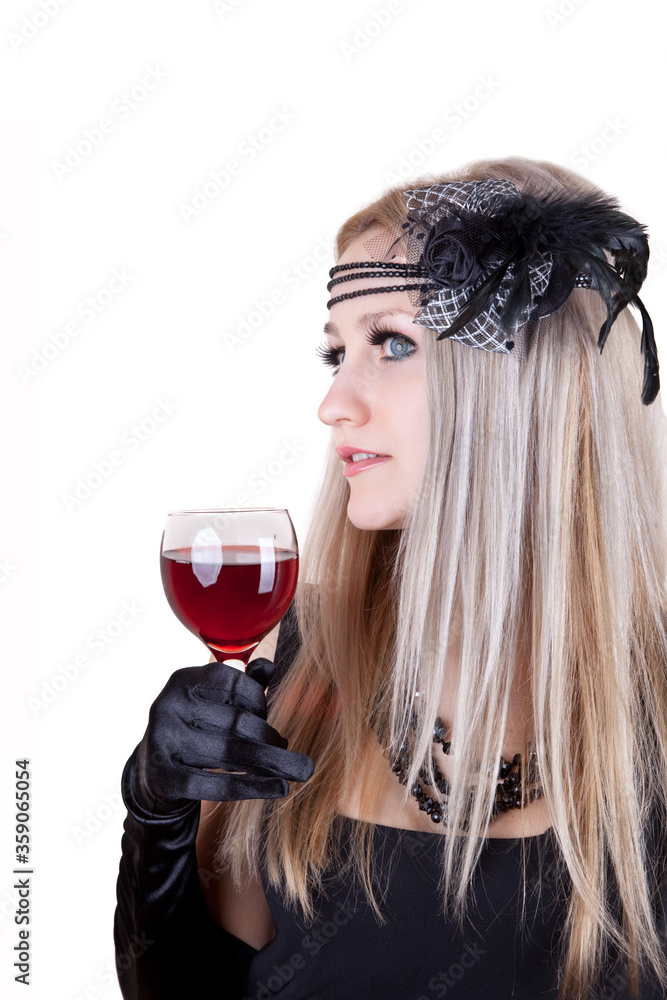 Portrait of beautiful fashion retro woman with glass red wine Portrait of beautiful fashion retro woman with glass red wine