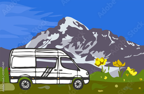 White van with mount Kazbek in the background. Blue sky, grass with yellow flowers. Georgia. Vector Illustration. 