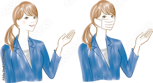 右を指すスーツのマスクと笑顔の女性のセット
