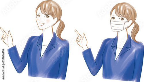 左を指すスーツのマスクと笑顔の女性のセット