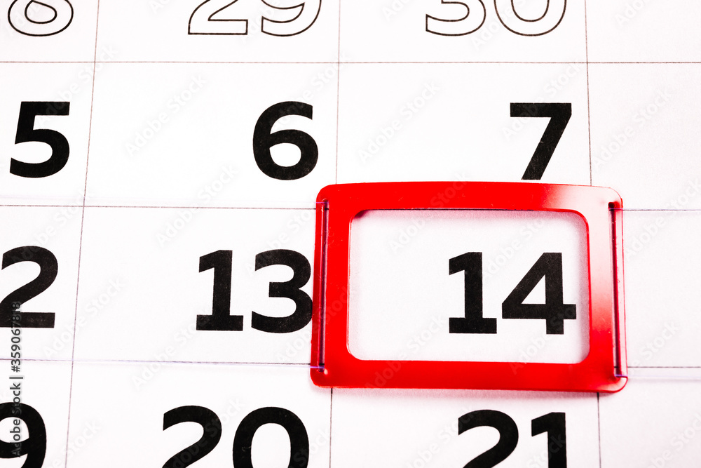 The number 14 on the calendar is highlighted in red. The fourteenth day of the month. Agenda for today. The number 14 on the calendar is highlighted in red. The fourteenth day of the month. Agenda for today.