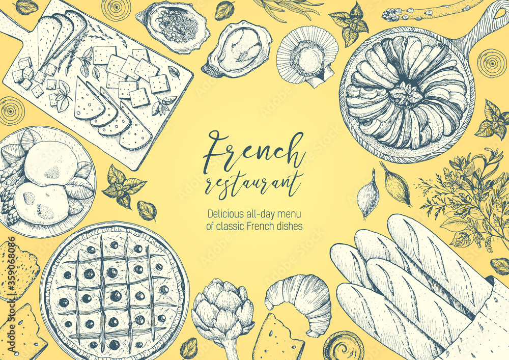 French cuisine top view frame. A set of classic French dishes with bakery, poached eggs, pissaladier, ratatouille, oysters, cheese. Food menu design template. Hand drawn sketch vector illustration. French cuisine top view frame. A set of classic French dishes with bakery, poached eggs, pissaladier, ratatouille, oysters, cheese. Food menu design template. Hand drawn sketch vector illustration.