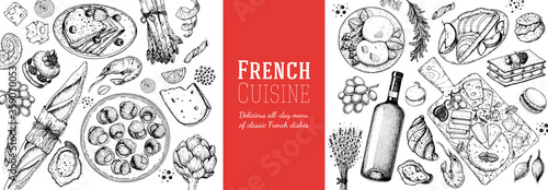 French food top view, Hand drawn. Classic French dishes. Food menu design template. Hand drawn sketch vector illustration. Cheese, wine, bakery, gourmet food.