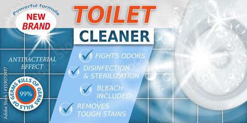 Toilet cleaner. Disinfectant cleaner for cleaning the bathroom. Package design realistic illustration. Advertisement poster layout or horizontal banner.