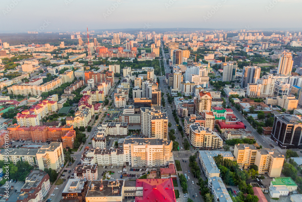 Aerial view of Yekaterinburg during sunset, Russia