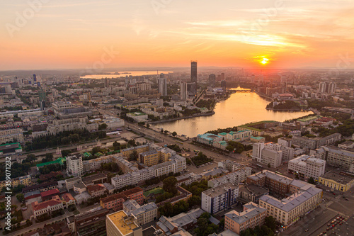 Aerial view of sunset over Yekaterinburg, Russia