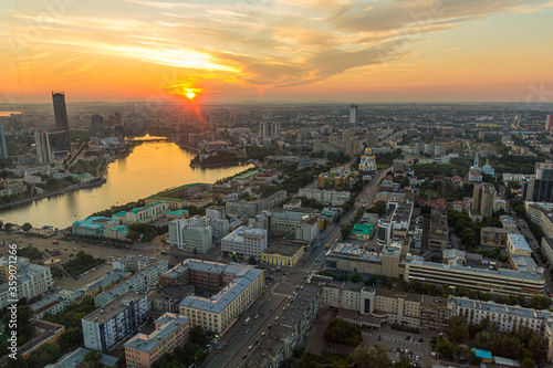 Aerial view of sunset over Yekaterinburg, Russia