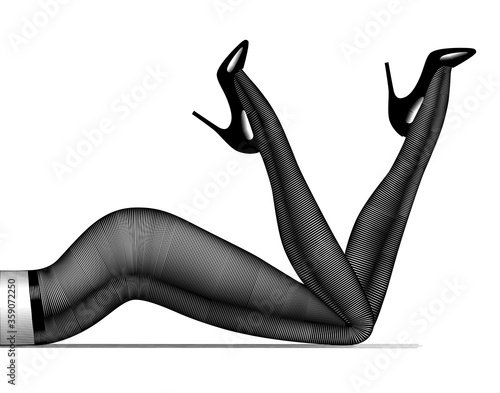 Engraved vintage drawing of legs of lying woman in dark pantyhose
