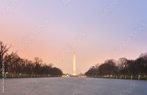 Washington Memorial at National Mall after sunset. The Monument is an obelisk on the National Mall in Washington, D.C., built to commemorate George Washington.