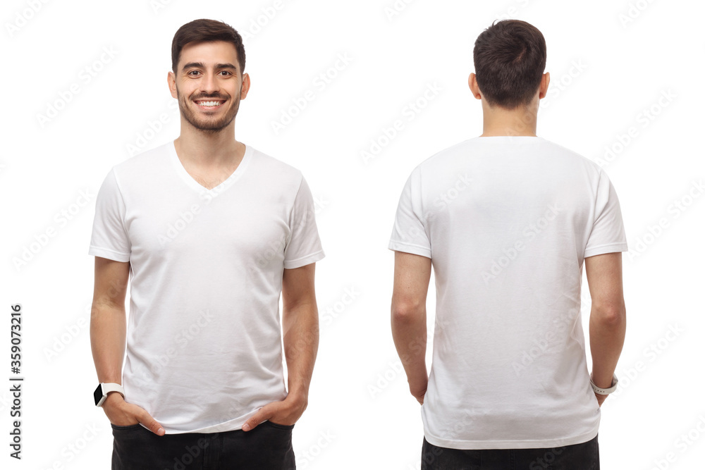 Front and back view of young man standing with hands in pockets, wearing blank tshirt with copy space, isolated on white background Front and back view of young man standing with hands in pockets, wearing blank tshirt with copy space, isolated on white background