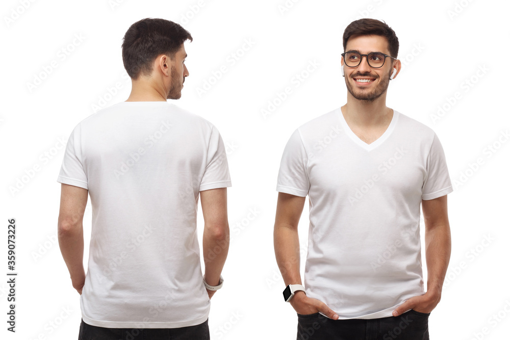 Front and back mock up of young man standing with hands in pockets, wearing blank tshirt with copy space and glasses, isolated on white background Front and back mock up of young man standing with hands in pockets, wearing blank tshirt with copy space and glasses, isolated on white background
