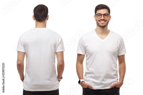 Front and back view of young man standing with hands in pockets, wearing blank tshirt with copy space and glasses, isolated on white background