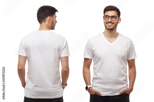 Front and back mock up of young man standing with hands in pockets, wearing blank tshirt with copy space and glasses, isolated on white background