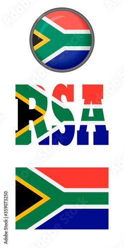 Icons of the flag of the Republic of South Africa on a white background. Vector image: flag, button, and abbreviation. You can use it to create a website, print brochures, booklets, flyers, guidebook