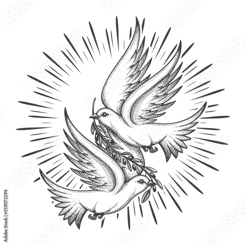 Two Pigeons with Olive Branch Tattoo