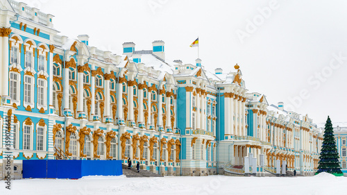 It's The Catherine Palace in winter and a fir tree, a Rococo palace located in the town of Tsarskoye Selo (Pushkin), 25 km south-east of St. Petersburg, Russia. photo