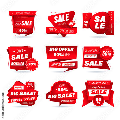 Set of retail sale badge. Stickers online shopping origami style for social media ads and banners, website badges, marketing, labels and stickers for products promotion template. Vector illustration.