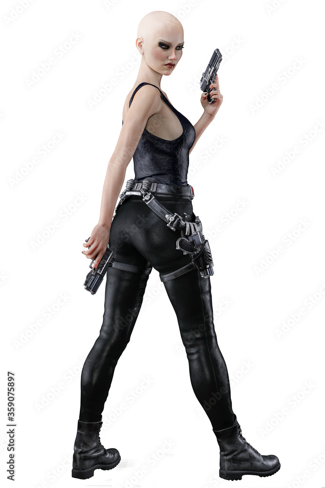 Caucasian Urban Fantasy Woman with Gun on Isolated White Background, 3D Rendering 3D illustration Caucasian Urban Fantasy Woman with Gun on Isolated White Background, 3D Rendering 3D illustration