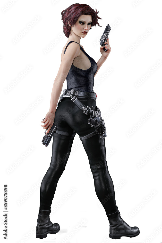 Caucasian Urban Fantasy Woman with Gun on Isolated White Background, 3D Rendering 3D illustration Caucasian Urban Fantasy Woman with Gun on Isolated White Background, 3D Rendering 3D illustration