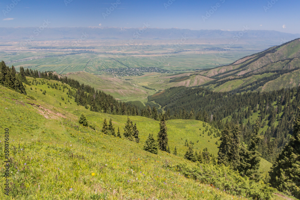 Fototapeta premium Mountains and Kerege Tash village near Karakol, Kyrgyzstan