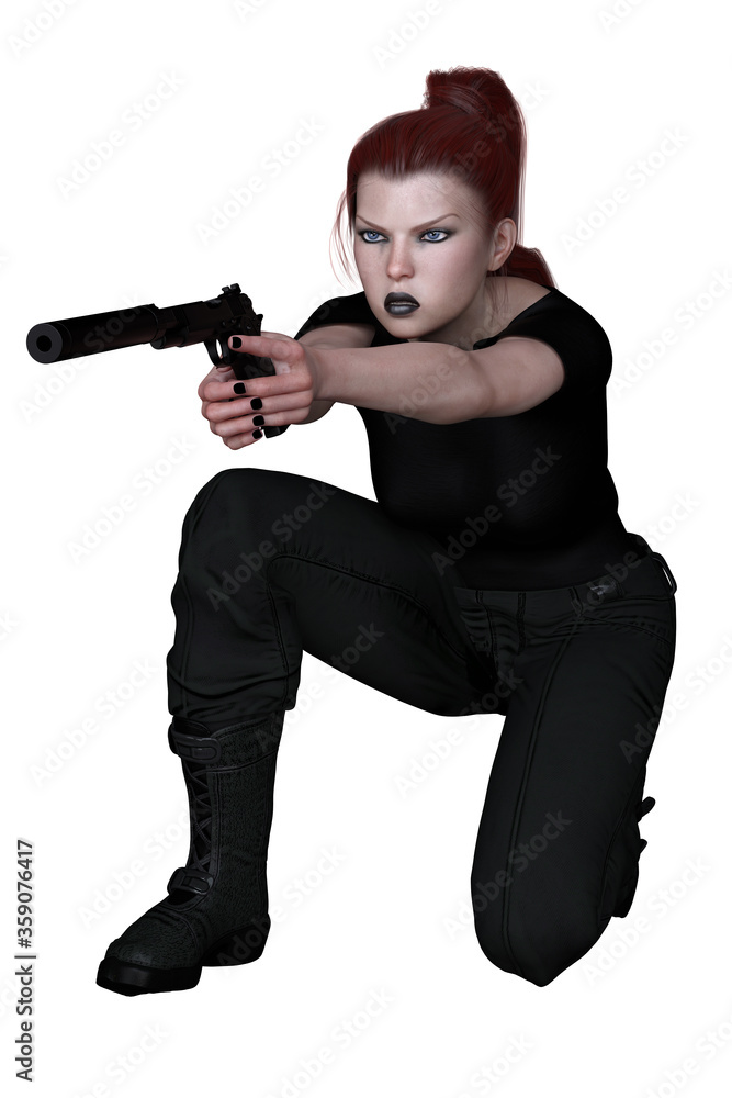 Caucasian Urban Fantasy Woman with Gun on Isolated White Background, 3D Rendering 3D illustration Caucasian Urban Fantasy Woman with Gun on Isolated White Background, 3D Rendering 3D illustration