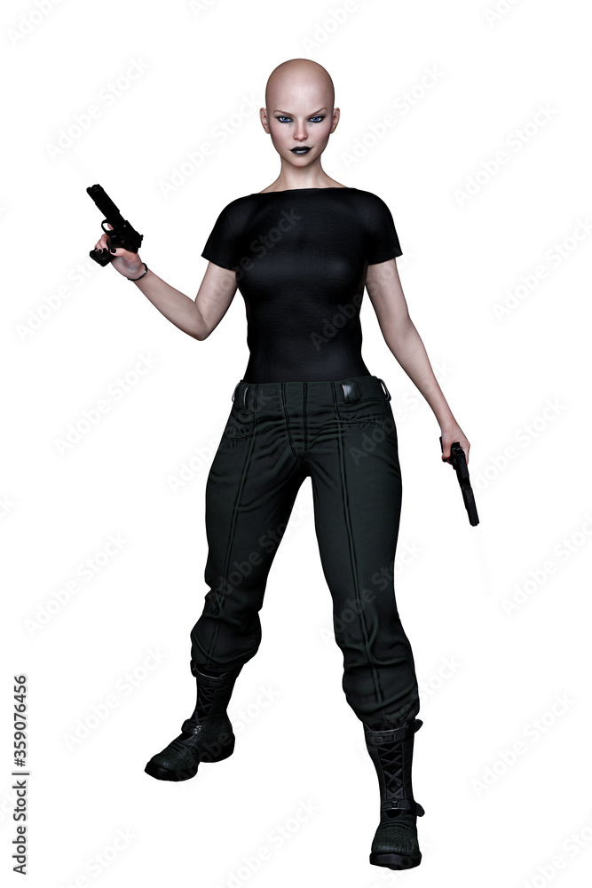 Caucasian Urban Fantasy Woman with Gun on Isolated White Background, 3D Rendering 3D illustration Caucasian Urban Fantasy Woman with Gun on Isolated White Background, 3D Rendering 3D illustration