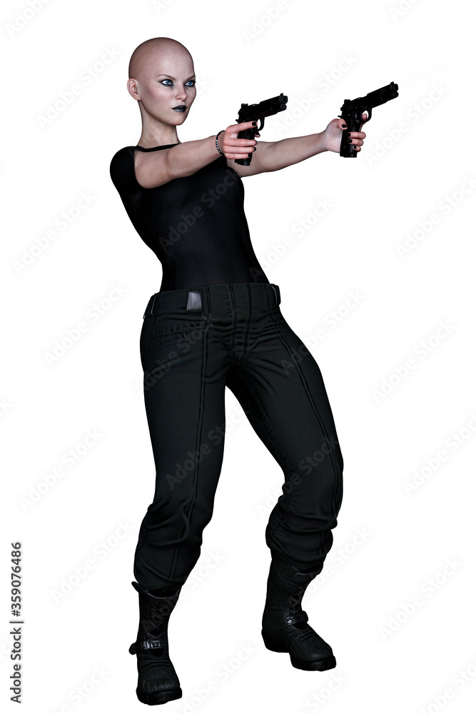 Caucasian Urban Fantasy Woman with Gun on Isolated White Background, 3D Rendering 3D illustration Caucasian Urban Fantasy Woman with Gun on Isolated White Background, 3D Rendering 3D illustration