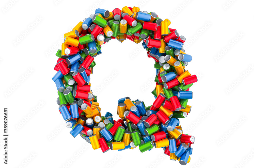 Letter Q from colored metallic drink cans, 3D rendering