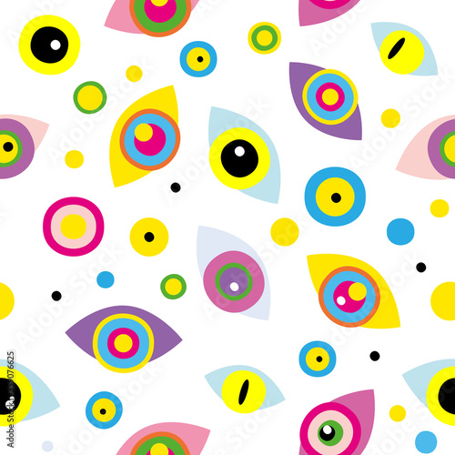 Seamless pattern with abstract geometric shapes, eyes, dots on white background