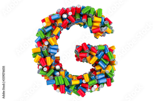 Letter G from colored metallic drink cans, 3D rendering