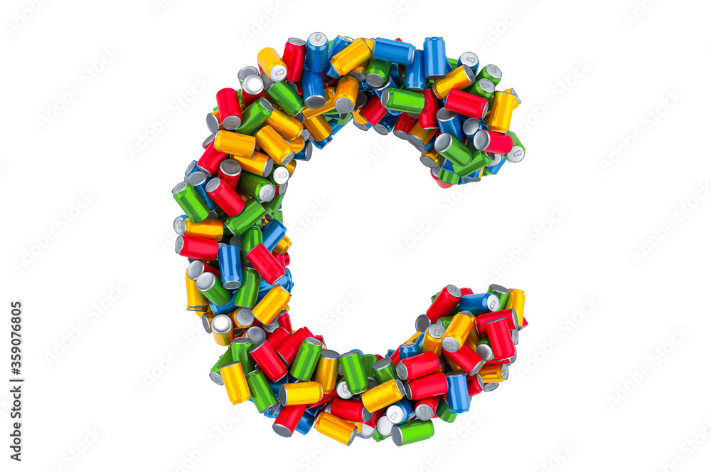 Letter C from colored metallic drink cans, 3D rendering
