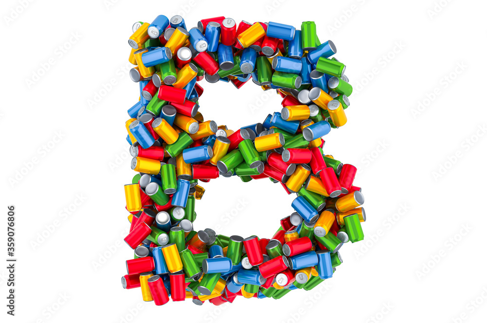 Letter B from colored metallic drink cans, 3D rendering Letter B from colored metallic drink cans, 3D rendering