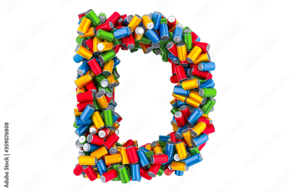 Letter D from colored metallic drink cans, 3D rendering Letter D from colored metallic drink cans, 3D rendering