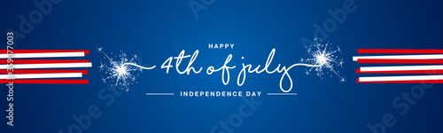 Happy 4th of july USA Independence day handwritten typography sparkle firework red white ribbon blue banner photo
