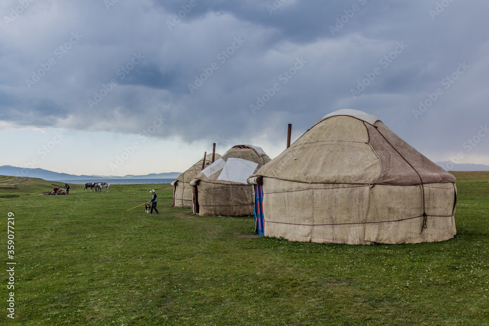 SONG KUL, KYRGYZSTAN - JULY 23, 2018: Yurt camp near Song Kul lake, Kyrgyzstan