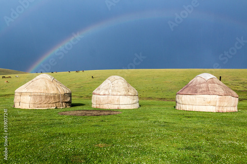 Rainbow above an yurt camp near Song Kul lake, Kyrgyzstan