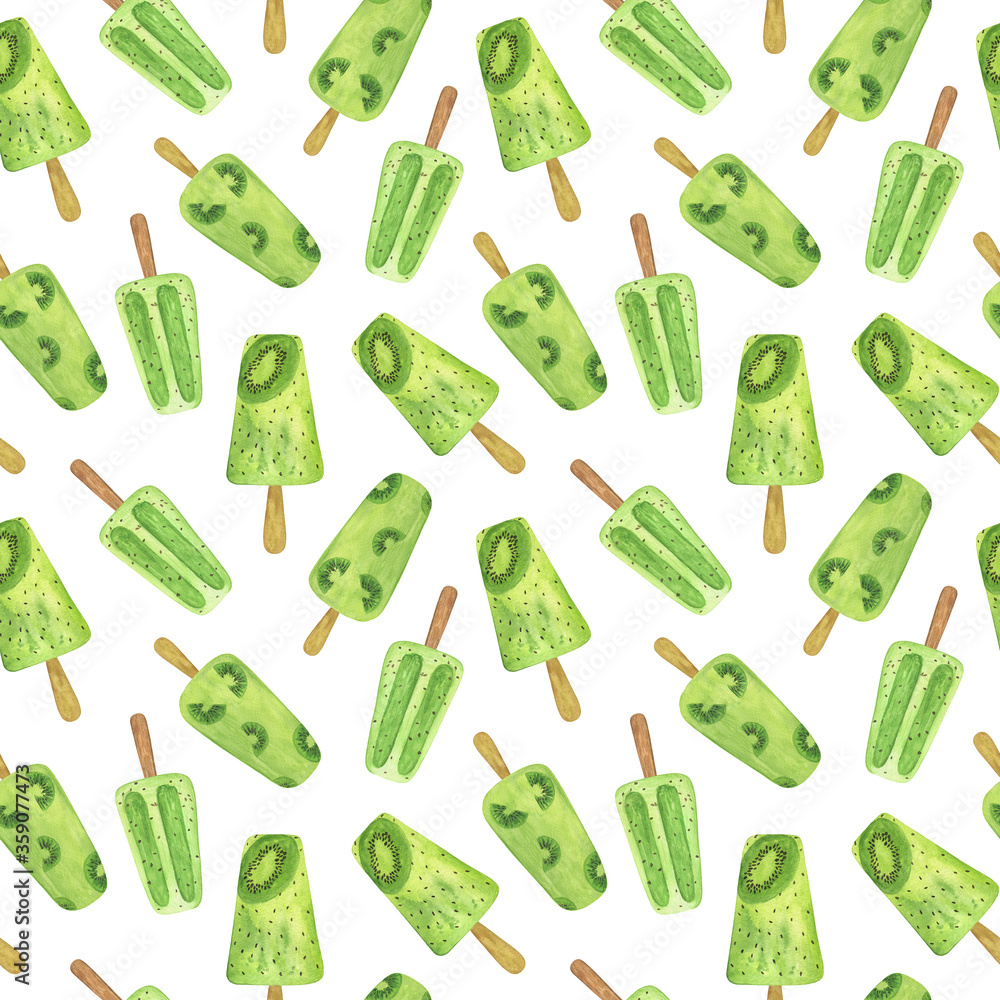 Repeat pattern of kiwi ice cream fruity juice watercolor food illustration, seamless sweet dessert for summer or holiday, summer menu design, hand drawn pattern of tasty treat Repeat pattern of kiwi ice cream fruity juice watercolor food illustration, seamless sweet dessert for summer or holiday, summer menu design, hand drawn pattern of tasty treat