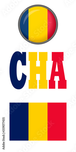 Set of icons of the flags of Chad on a white background. Vector image: flag of Chad, the button and the abbreviation. You can use it to create a website, print brochures or a guide book.