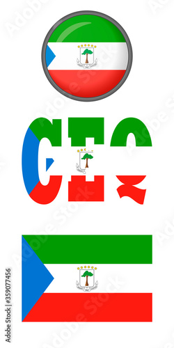 Icons of the flag of Equatorial Guinea on a white background. Vector image: flag of Equatorial Guinea, button and abbreviation. You can use it to create a website, print brochures, booklets, leaflets