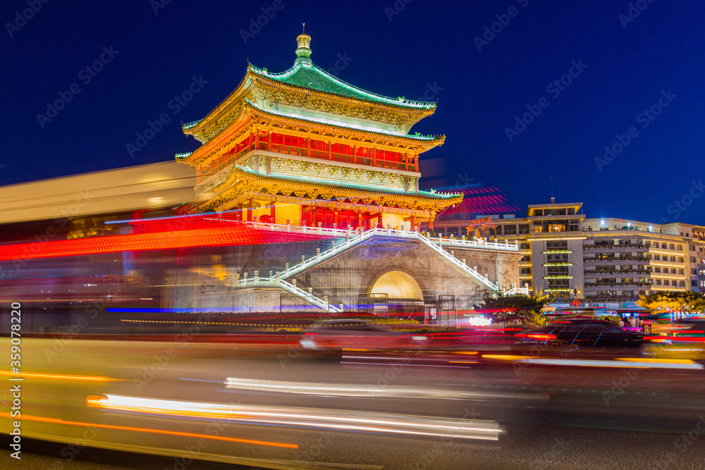 Evening view of the traffic around Bell Tower in Xi'an, China